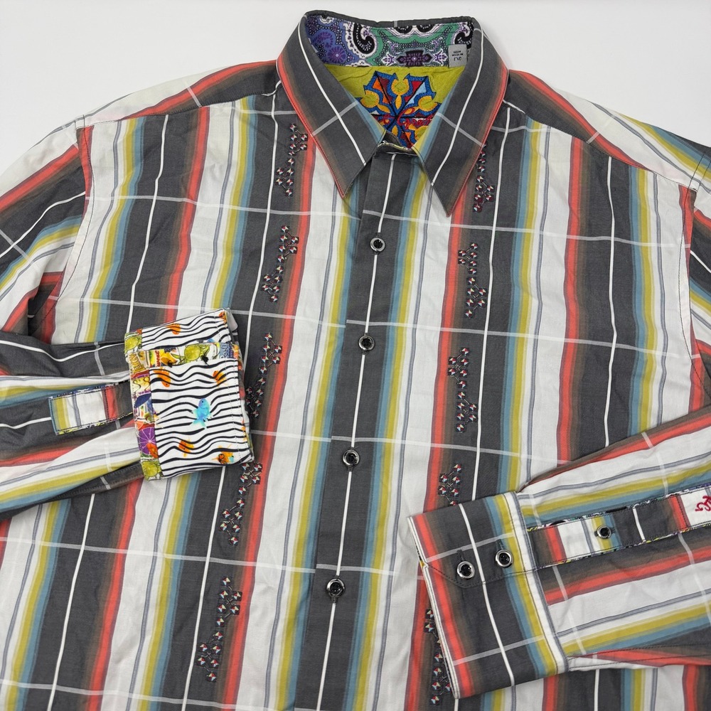 Robert Graham Poolside Drinks Fish Flip Cuff Striped Embroidered Shirt Men Large